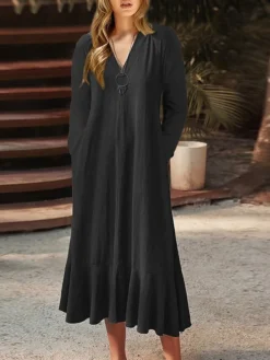 Women's Plus Size Curve Casual Dress Swing Dress A Line Dress Solid Color Midi Dress Long Sleeve Pocket V Neck Basic Outdoor Black Wine Fall Winter L XL XXL 3XL 4XL -HANs Plus Size Style Shop wibpqt1693533334628