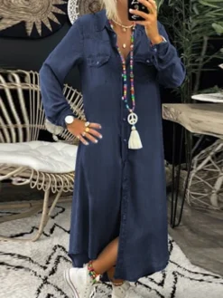 Women's Denim Dress Casual Dress Shift Dress Maxi Long Dress Cotton Denim Casual Mature Outdoor Winter Dress Daily Shirt Collar Button Pocket Long Sleeve Summer Spring Fall 2023 Loose Fit Black Dark -HANs Plus Size Style Shop wifaxr1663236328962