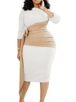 Women‘s Plus Size Curve Work Dress Color Block V Neck 3/4 Length Sleeve Spring Fall Work Elegant Knee Length Dress Work Work Dress Dress -HANs Plus Size Style Shop wigatq1665655669348