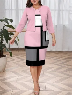 Women's Plus Size Curve Casual Dress Dress Set Two Piece Dress Geometric Plaid Midi Dress Long Sleeve Print Crew Neck Fashion Outdoor Pink Fall Winter L XL XXL 3XL 4XL