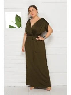 Women's Plus Size Party Dress Solid Color V Neck Short Sleeve Summer Spring Elegant Casual Prom Dress Maxi Long Dress Party Daily Dress -HANs Plus Size Style Shop wjbkfu1636535349344