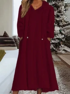 Women's Casual Dress Hoodie Dress Midi Dress Daily Basic Outdoor Vacation Going Out V Neck Pocket Solid Color Loose Fit Black White Green S M L XL XXL -HANs Plus Size Style Shop wjjput1690436193871