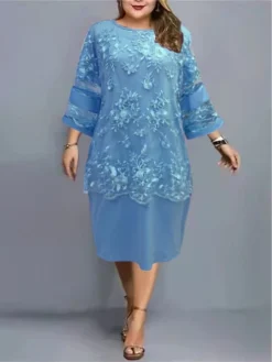 Women‘s Plus Size Curve Party Dress Lace Dress Floral Midi Dress 3/4 Length Sleeve Crew Neck Elegant Party Pink Sky Blue Summer Spring L XL XXL 3XL 4XL -HANs Plus Size Style Shop wjokgx1684754269239