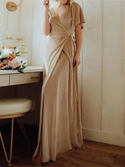 Women's Christmas Dress Casual Dress Velvet Dress Long Dress Maxi Dress Lace Up Split Outdoor Christmas Daily Fashion Elegant V Neck Short Sleeve 2023 Regular Fit Black Wine Gold Color S M L XL XXL -HANs Plus Size Style Shop wjsfbv1693897063445