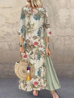 Women's Plus Size Holiday Dress Floral Crew Neck Print 3/4 Length Sleeve Fall Spring Casual Maxi Long Dress Causal Daily Dress / Linen -HANs Plus Size Style Shop wjsonp1631504231761