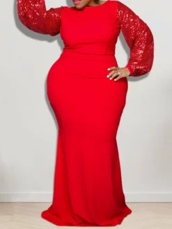 Women‘s Plus Size Curve Party Dress Solid Color Crew Neck Sequins Long Sleeve Fall Winter Sequins Prom Dress Maxi Long Dress Party Vacation Dress Sequin Dress -HANs Plus Size Style Shop wjzimo1639029988866