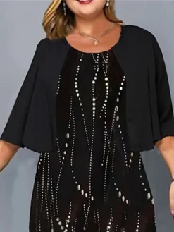 Women‘s Plus Size Curve Two Piece Dress Set Work Dress Print Dress Outdoor Office Fashion Work Print Midi Dress Crew Neck 3/4 Length Sleeve Polka Dot Regular Fit Black Apricot Fall Winter L XL XXL 3XL -HANs Plus Size Style Shop wkpqfj1691400390457