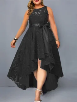 Women‘s Plus Size Curve Party Dress Solid Color Crew Neck Sleeveless Spring Fall Elegant Formal Midi Dress Party Evening Party Dress -HANs Plus Size Style Shop wlqaum1670834819306