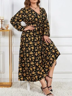 Women's Plus Size Curve Party Dress Swing Dress Empire Waist Dresses Long Dress Maxi Dress Black Long Sleeve Floral Print Spring Fall Winter V Neck Fashion Winter Dress Birthday Wedding Guest XL XXL -HANs Plus Size Style Shop wlwvzf1692156453635