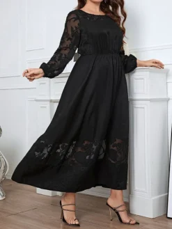 Women's Plus Size Party Dress Wedding Guest Dress Black Dress Long Dress Maxi Dress Black Long Sleeve Flower Lace Spring Fall Winter Crew Neck Fashion Winter Dress Evening Party Wedding Guest 2023 XL -HANs Plus Size Style Shop wlybde1693535285305