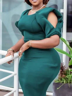 Women‘s Plus Size Curve Party Dress Solid Color V Neck Short Sleeve Spring Fall Work Formal Midi Dress Party Date Dress -HANs Plus Size Style Shop wmhped1661334434271