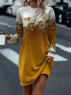 Women's Casual Dress Sweatshirt Dress Mini Dress Warm Daily Outdoor Holiday Weekend Crew Neck Print Floral Loose Fit Yellow Red Blue S M L XL XXL -HANs Plus Size Style Shop wmuhsc1695027783727