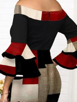 Women‘s Plus Size Curve Party Dress Plaid Off Shoulder Print 3/4 Length Sleeve Spring Fall Elegant Mature Midi Dress Formal Work Dress -HANs Plus Size Style Shop wndavl1649309833639