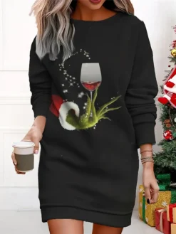 Women's Christmas Casual Dress Sweatshirt Dress Mini Dress Warm Fashion Outdoor Vacation Crew Neck Print Geometric Christmas Tree Christmas Hat Loose Fit ArmyGreen Black Wine S M L XL XXL -HANs Plus Size Style Shop wngkhy1695365591434