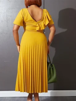Women‘s Plus Size Curve Party Dress Solid Color V Neck Ruched Short Sleeve Fall Spring Work Prom Dress Maxi Long Dress Party Holiday Dress Ruffle -HANs Plus Size Style Shop wngpsk1648636995827