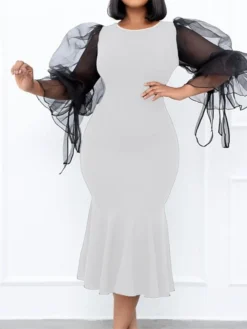 Women‘s Plus Size Curve Party Dress Color Block Crew Neck Mesh 3/4 Length Sleeve Spring Fall Prom Dress Midi Dress Party Going Out Dress -HANs Plus Size Style Shop wnhial1656067338155