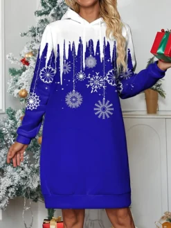 Women's Casual Dress Hoodie Dress Mini Dress Warm Fashion Outdoor Christmas Holiday Hoodie Print Snowflake Loose Fit Red Navy Blue Blue S M L XL XXL -HANs Plus Size Style Shop wofgzl1696733285707