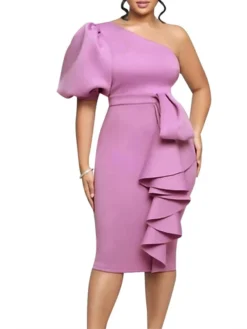 Women‘s Plus Size Curve Party Dress Solid Color One Shoulder Ruffle Short Sleeve Spring Fall Prom Dress Midi Dress Casual Daily Dress -HANs Plus Size Style Shop woudpx1657187565454