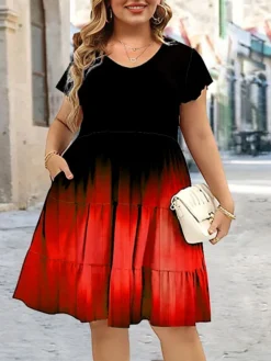 Women‘s Plus Size Curve Casual Dress A Line Dress Floral Gradient Midi Dress Short Sleeve Print Crew Neck Romantic Daily Light Green Red Summer Spring L XL XXL 3XL 4XL -HANs Plus Size Style Shop wpcrru1678357854516