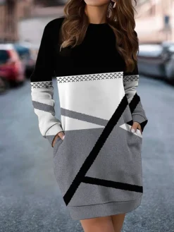 Women's Casual Dress Sweatshirt Dress Mini Dress Warm Fashion Outdoor Vacation Going Out Crew Neck Pocket Print Geometric Loose Fit Wine Blue Green S M L XL XXL -HANs Plus Size Style Shop wpcznc1694590956206