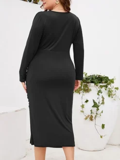 Women‘s Plus Size Curve Work Dress Sheath Dress Semi Formal Dress Fashion Midi Dress Ruched Split V Neck Long Sleeve Plain Regular Fit Black Wine Purple Fall Winter L XL XXL 3XL 4XL -HANs Plus Size Style Shop wpezmp1691401365643