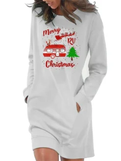 Women‘s Christmas Casual Dress Hoodie Dress Light Blue Grey White Long Sleeve Letter Pocket Print Winter Fall Crew Neck Stylish Casual Fall Dress Loose Fit 2022 S M L XL 2XL / Cotton / Winter Dress -HANs Plus Size Style Shop wpkxjc1666258538799