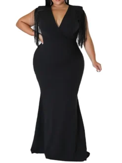 Women‘s Plus Size Curve Party Dress Solid Color V Neck Tassel Fringe Sleeveless Spring Summer Formal Maxi Long Dress Party Date Dress -HANs Plus Size Style Shop wqbprf1659936863910