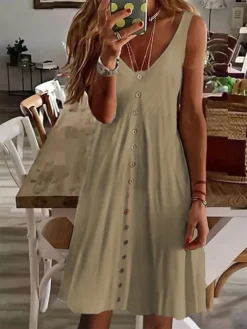 Women's Casual Dress Tank Dress Summer Dress Plain Ruched Button Strap Midi Dress Fashion Streetwear Outdoor Street Sleeveless Regular Fit Yellow Pink Wine Summer Spring S M L XL -HANs Plus Size Style Shop wqbrmj1678188044986