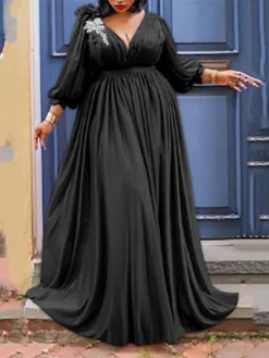 Women‘s Plus Size Curve Party Dress Solid Color V Neck Ruched 3/4 Length Sleeve Spring Fall Elegant Formal Prom Dress Maxi Long Dress Party Back To School Dress Homecoming Dress -HANs Plus Size Style Shop wqcxjl1659335563031