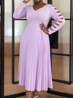 Women's Plus Size Curve Party Dress Work Dress Swing Dress Plain Midi Dress Long Sleeve Pleated Cut Out V Neck Fashion Party Purple Fall Winter XL XXL 3XL 4XL -HANs Plus Size Style Shop wqfpzs1694165773299