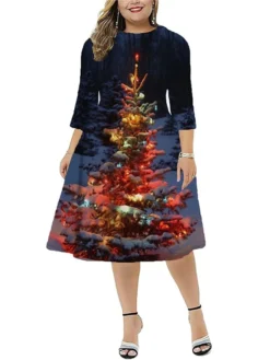 Women‘s Plus Size Christmas Dress Work Dress Santa Claus 3/4 Length Sleeve Winter Fall Midi Dress Christmas Dress Work Dress -HANs Plus Size Style Shop wqiyuz1667812166374