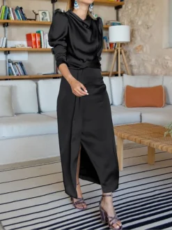 Women's Casual Dress Plain Dress Spring Dress Midi Dress Split Knot Front Work Street Daily Fashion Streetwear Crew Neck Long Sleeve 2023 Regular Fit Black Blue Green Color S M L XL Size -HANs Plus Size Style Shop wqnsyy1692617876955