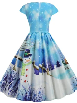 Women's Christmas Knee Length Dress Blue Dusty Blue Royal Blue Black Red Navy Blue Dark Blue Light Blue Short Sleeve Print Print Fall Winter V Neck Casual Vintage2021 S M L XL XXL 3XL -HANs Plus Size Style Shop wqorym1629970326115