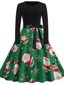 Women's Christmas Casual Dress Swing Dress Vintage Dress Midi Dress Green Blue Light Red Long Sleeve Santa Claus Bow Winter Fall Autumn V Neck Slim 2022 S M L XL XXL 3XL