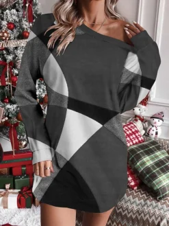 Women's Sweatshirt Dress Casual Dress Mini Dress Warm Fashion Outdoor Holiday Vacation Crew Neck Print Geometric Loose Fit Wine Blue Gray S M L XL XXL -HANs Plus Size Style Shop wrbrby1697633774143