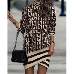 Women's Sweatshirt Dress Winter Dress Shift Dress Midi Dress Black And White Black Gray Black And White Stripes 3/4 Length Sleeve Print Print Fall Winter Autumn Turtleneck Fashion 2023 S M L XL 2XL