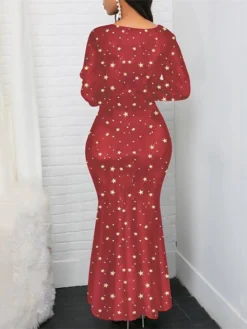 Women‘s Plus Size Curve Party Dress Print V Neck Ruched Long Sleeve Fall Winter Prom Dress Maxi Long Dress Party Daily Dress -HANs Plus Size Style Shop wrxhff1697527851152