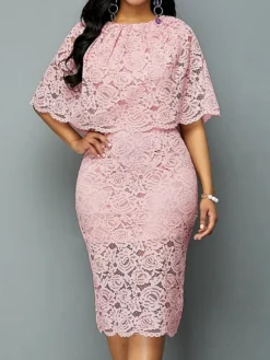 Women‘s Plus Size Curve Flattering Dresses Apple Shaped Dress Wedding Guest Sheath Dress Solid Color Crew Neck Lace Half Sleeve Fall Spring Elegant Knee Length Dress Daily Vacation Dress