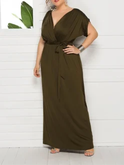 Women's Plus Size Curve Party Dress Sheath Dress Formal Dress Maxi Dress White Wine Royal Blue Short Sleeve Pure Color Lace Up Spring Fall Autumn V Neck Fashion Birthday Wedding Guest Vacation -HANs Plus Size Style Shop wssxvi1692178806302