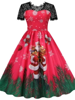 Women's Christmas Swing Dress Vintage DressKnee Length Dress Green Wine Dark Green Fuchsia Red Black Short Sleeve Santa Claus Snowman Snowflake Lace Print Fall Winter V Neck Vacation Vintage 2022 S -HANs Plus Size Style Shop wsuxne1665293369236