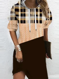 Women‘s Christmas Hoodie Dress Shift Dress Mini Dress Blue Pink Fuchsia Long Sleeve Plaid Print Fall Spring Hooded Daily Vacation Loose Fit 2022 S M L XL XXL 3XL -HANs Plus Size Style Shop wszodh1667470118649