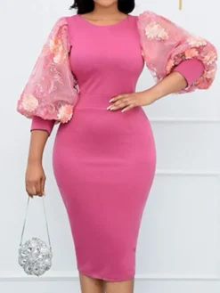 Women‘s Plus Size Curve Work Dress Floral Crew Neck Mesh 3/4 Length Sleeve Spring Fall Work Midi Dress Daily Holiday Dress -HANs Plus Size Style Shop wtarov1659436139277