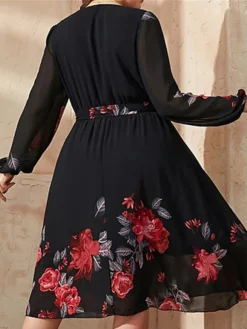 Women's Plus Size Curve Party Dress Cocktail Dress Wedding Guest Dress Midi Dress Black Long Sleeve Flower Lace Up Summer Spring Fall V Neck Fashion Wedding Guest Vacation Fall Dress L XL XXL 3XL 4XL -HANs Plus Size Style Shop wtdfbo1692170541204