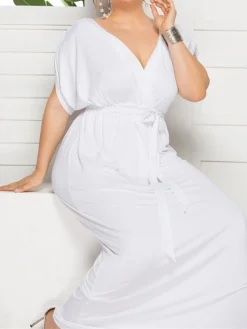 Women's Plus Size Curve Party Dress Sheath Dress Formal Dress Maxi Dress White Wine Royal Blue Short Sleeve Pure Color Lace Up Spring Fall Autumn V Neck Fashion Birthday Wedding Guest Vacation -HANs Plus Size Style Shop wtdkpo1692178810139