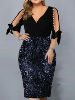 Women‘s Plus Size Curve Party Dress Solid Color V Neck Sequins Half Sleeve Spring Fall Stylish Sequins Prom Dress Midi Dress Party Club Dress Sheath Dress Sequin Dress -HANs Plus Size Style Shop wtkzdt1688639423765