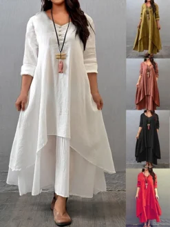 Women‘s Plus Size Curve Casual Dress Swing Dress Solid Color Long Dress Maxi Dress Long Sleeve Button Fake Two Piece V Neck Basic Daily Black White Summer Spring L XL XXL 3XL 4XL