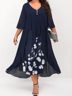 Women's Plus Size Curve Work Dress Floral V Neck Ruched 3/4 Length Sleeve Spring Summer Work Elegant Midi DressLayered Formal Vacation Dress -HANs Plus Size Style Shop wtpcuo1657530627851
