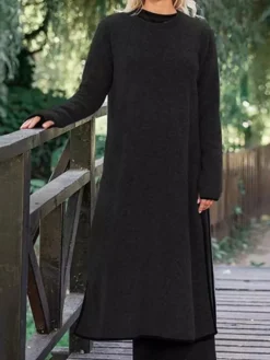Women's Casual Dress Sweater Dress Sweatshirt Dress Midi Dress Black Army Green Gray Long Sleeve Pure Color Split Fall Winter Autumn Crew Neck Casual Winter Dress Vacation Fall Dress 2023 S M L XL -HANs Plus Size Style Shop wtzpoi1665476055763