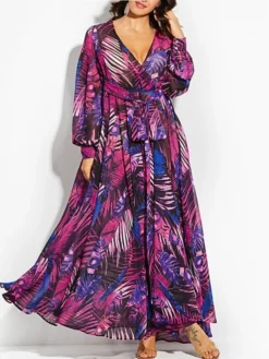 Women's Plus Size A Line Dress Floral V Neck Print Lantern Sleeve Long Sleeve Fall Spring Casual Mumu Maxi Long Dress Daily Holiday Dress -HANs Plus Size Style Shop wucnrb1636376508279