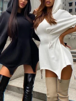 Women's Casual Dress Hoodie Dress Mini Dress Active Vacation Formal Holiday Vacation Hoodie Design Solid Color Slim Black White Pink S M L XL -HANs Plus Size Style Shop wuogim1697107034563